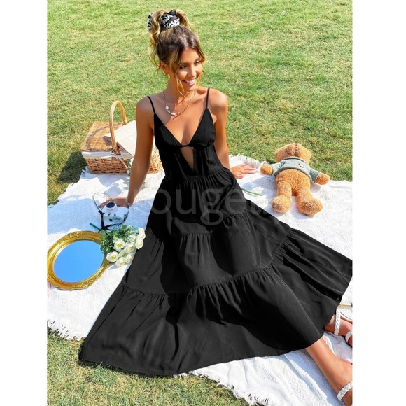 Plunging V Neck Black Maxi Dress Loose Fitting Flared Cami Straps - Picture 9 of 16